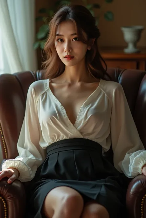 a beautiful japanese woman with long chestnut brown hair in a princess cut style with natural wavy curls, sitting on a restraint chair in a living room, looking down calmly and intellectually at a kneeling man at her feet, wearing a sheer white blouse and ...