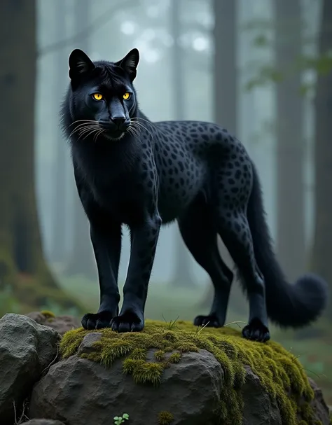 "A hybrid creature combining the features of a black leopard and a red fox in a natural forest setting at dusk. The animal has the sleek, muscular body of a black leopard, covered in dark, glossy fur with faint rosette patterns. Its face blends the sharp, ...