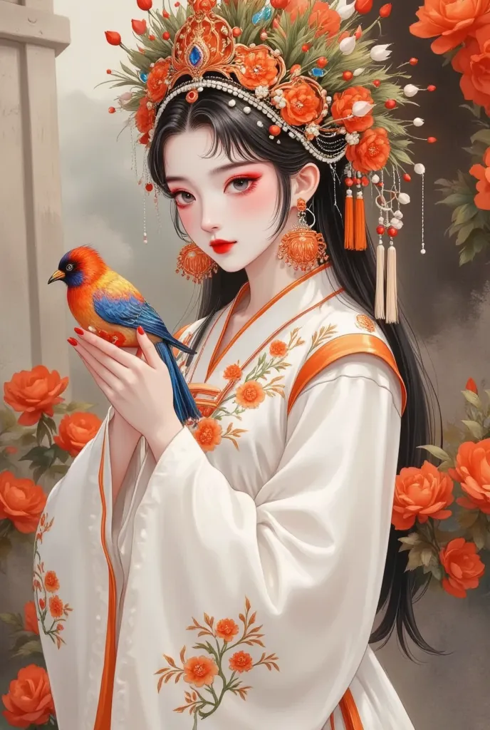 Close-up of a woman holding a bird in her hand, palace ，  girl in Hanfu, Beautiful character painting, Chinese Princess, ancient Chinese Princess,  a beautiful fantasy queen, Inspired by Lan Ying,   is inspired by Pratt & Co.  ,  traditional Chinese , Insp...