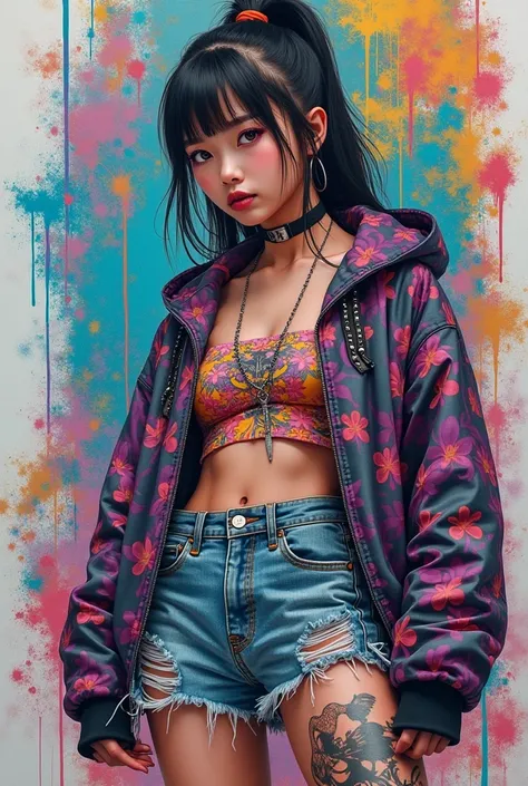 (highest image quality), (masterpiece), (vibrant, photography realistic, Realistic, Dramatic, Dark, Sharp focus, 8K), Full color drawing of korean girl  hip-hop, hip-hop, hip-hop, hip-hop, miniskirt jeans, rapping (((graffiti art))), in a sea background, c...