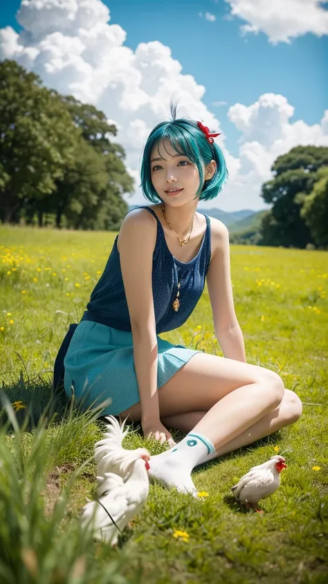 ② A whimsical reimagining of a Cockatrice as the ultimate moe character, peacefully resting in a lush grassland.

Her vibrant red rooster comb complements her flowing water-blue hair, cascading down her shoulders in soft, loose waves. Her top features a si...