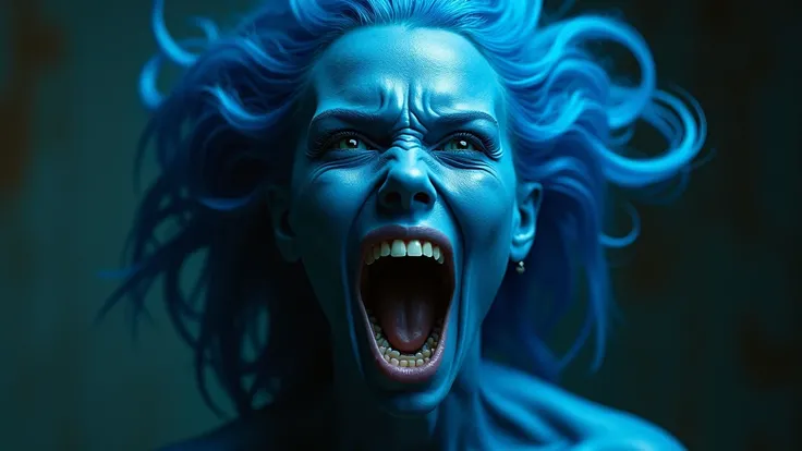 a sexy blue alien girl with deep detailed face, long hair, in a room and shouting loudly