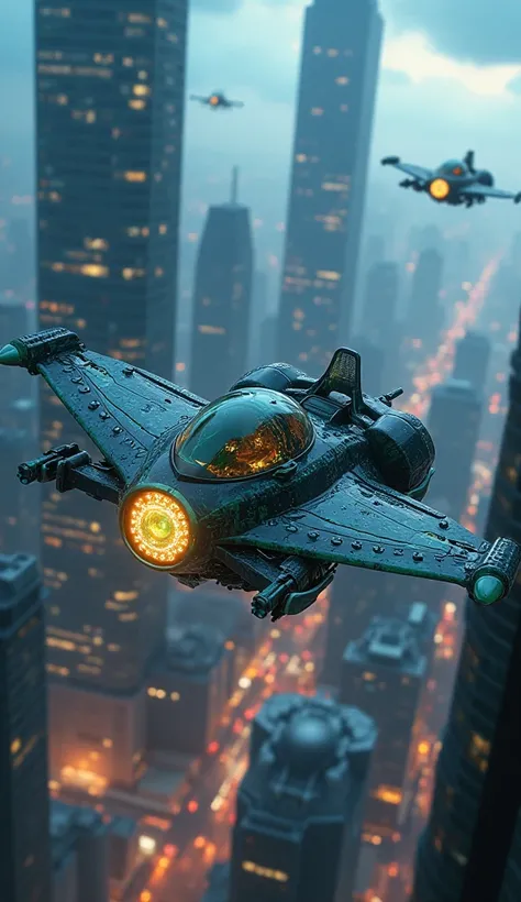 A futuristic, airborne BioPunk car soars through the neon-lit sky, its body made of a sleek, genetically-engineered alloy that seems to breathe and pulse. The wings are flexible, almost organic in their movement, adapting to the wind currents with biologic...