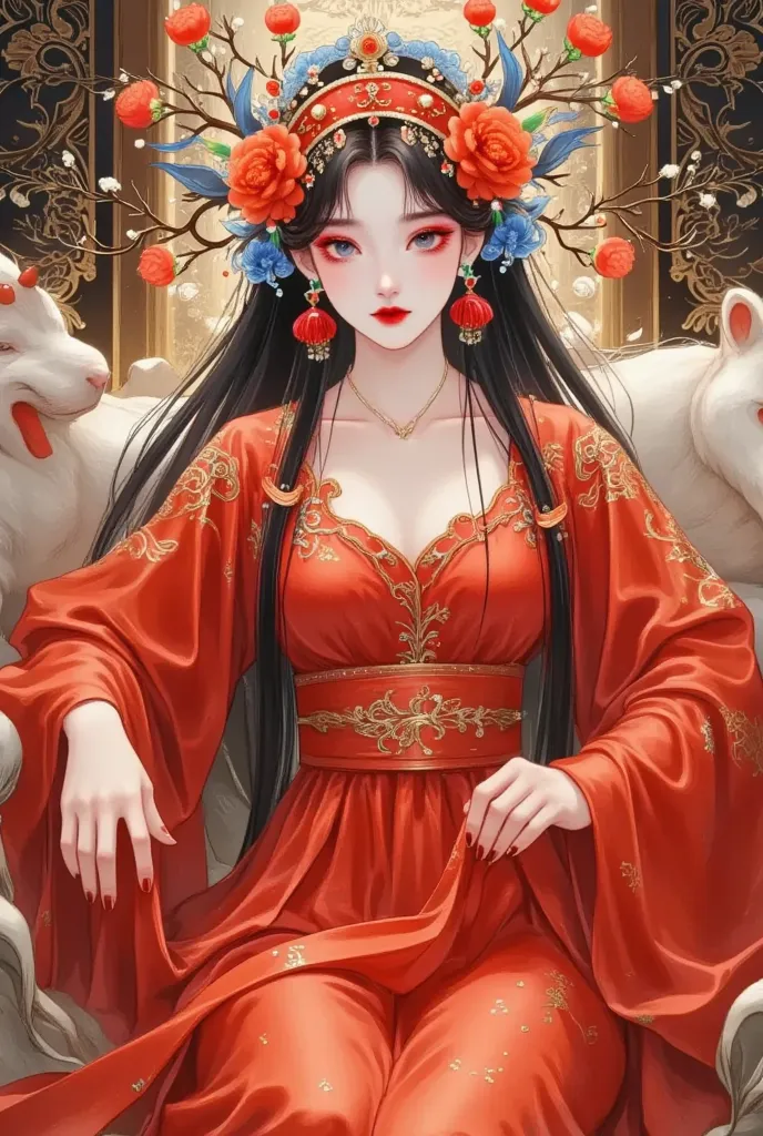 A woman with long dark hair in a red dress and flower crown, Digital painting inspired by Lan Ying,  is popular in the CG community,  digital art, Chinese Princess, palace ，  girl in Hanfu, ancient Chinese Princess, The Queen of China , Chinese,  a beautif...