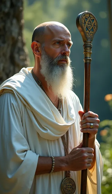 In his hands he held a staff, decorated with ancient runes, that sparkled in the rays of sunlight. The monk in white Greek robes looked mysterious, as if came from the pages of hidden scrolls. His bald head shone, reflecting light, and blue eyes, like two ...