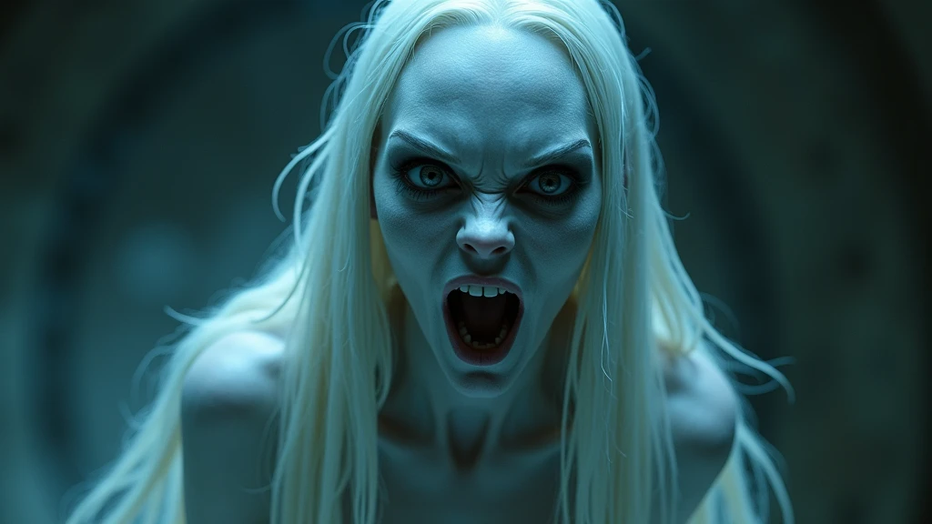 a sexy pale-blue alien girl with deep detailed face, long hair, in a room and shouting loudly