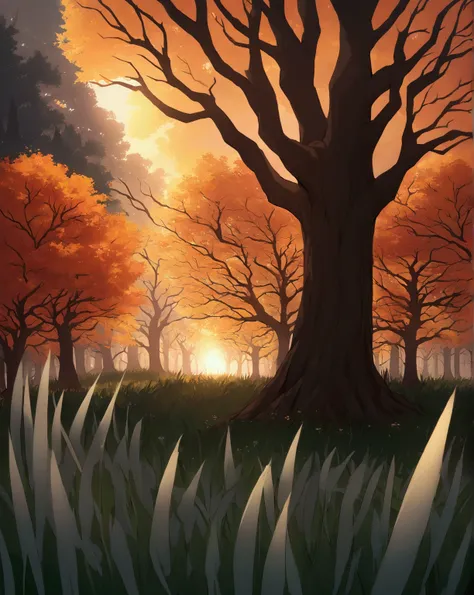 forest edge,  in the center of the plot is a large sprawling old tree , rare crown ,  in the background is a wall of frightening trees ,  the setting sun breaks through the crown of a large tree,  in the near plane tall grass with wildflowers , autumn, the...