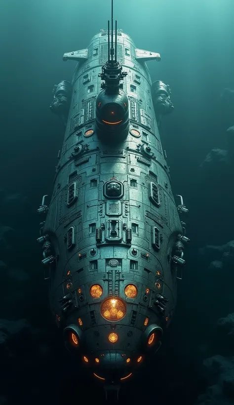 A colossal BioPunk submarine designed for deep-sea exploration and warfare, its hull made of bio-engineered metal that has a soft, organic curve, blending the look of a living organism with advanced tech. The surface of the submarine is covered in biolumin...