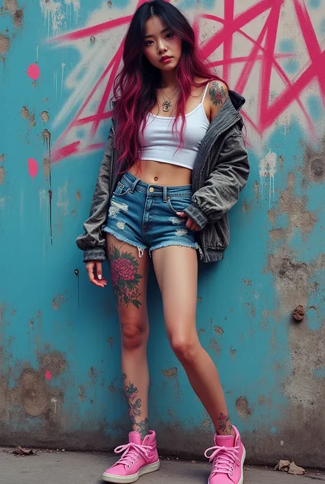 (highest image quality), (masterpiece), (vibrant, photography realistic, Realistic, Dramatic, Dark, Sharp focus, 8K), Full color drawing of korean girl  hip-hop, hip-hop, hip-hop, hip-hop, miniskirt jeans, rapping (((graffiti art))), in a sea background, c...