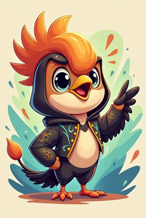 1hornbill,chibi,full body,wearing malay style hoodie,chibi style background waving hand