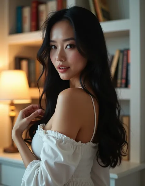 Half Asian, half Slavs, beautiful woman, cinematic lighting, grey eyes, symmetrical eyes, fine skin, long black hair reaching to the chest, super straight hair with cuticle shine, lip gloss, curvaceous body, sexy waistline, medium-sized bust, smiling brigh...