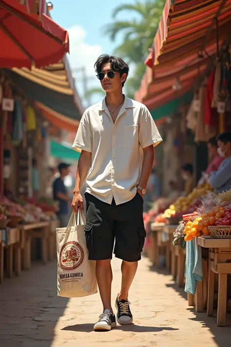 Jhope from BTS at a tianguis in Mexico ,  dressed in a white shirt and large black shorts with an errand bag from Bodega Aurrería (realism)