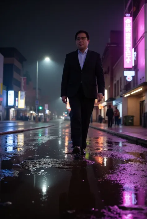 While its raining at night 、 a man walking in a suit without an umbrella 。 neon light is reflected behind 、The light is shaking in a puddle 。 the mans expression is listless and makes me feel lonely。