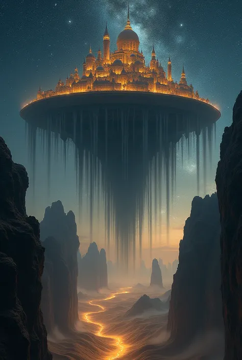 A fantasy landscape with a downward perspective of a flying city over the clouds, with many waterfalls falling, dark golden sand dunes, a starry sky, a starry sky, a sky full of stars, midnight darkness, a dark dune, focusing on the sky