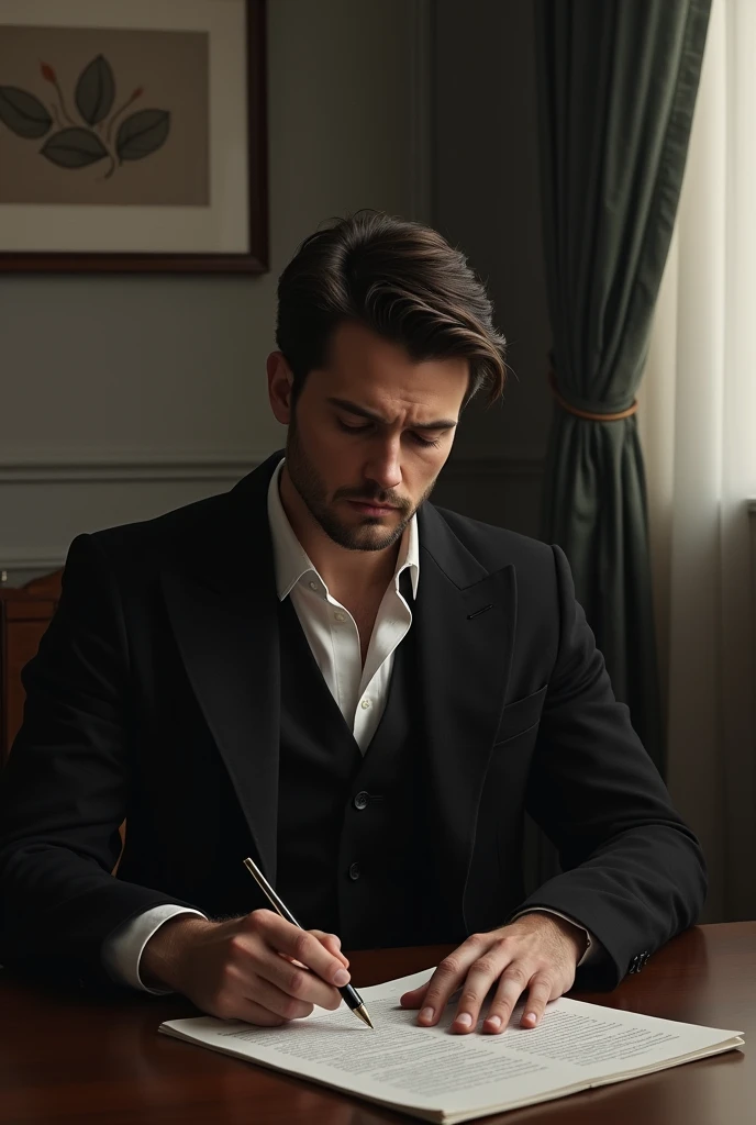 A man sitting on a chair with a table and reading a piece of paper. He is wearing black coat white inner.. he is facing at the back