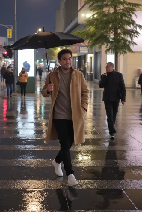  A male model wearing a modern trench coat is walking while carrying an umbrella 、 exudes a chic atmosphere {x}。傘を差しながら、 in a rainy city where 、 the reflection of rain on the ground is beautiful and 。