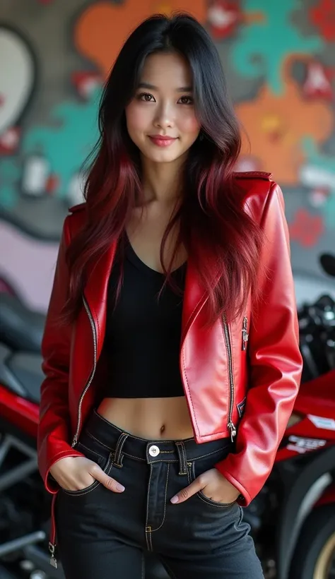 a beautiful Korean woman with long straight black and red hair in ombre. Wearing a black t-shirt and red cropped leather jacket, long and medium jeans. Standing full body near a sports motorbike in a Grafitty room, 1girl, Solo, Smile, Closed Mouth, 