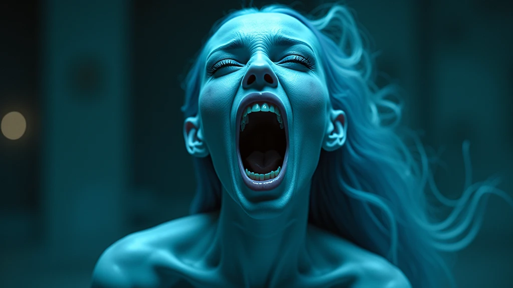 a sexy pale-blue alien girl with deep detailed face, long hair, wearing bra, in a room and shouting loudly