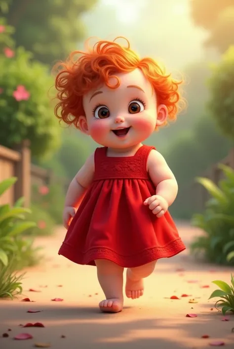 Chubby redhead baby in red dress walking realistic