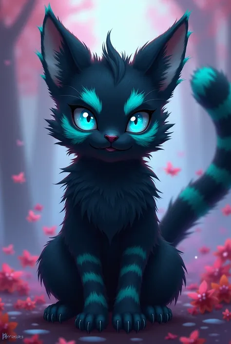 black furry with stripes up to the cyan cheek and cyan ear tips and glowing eyes in anime style design