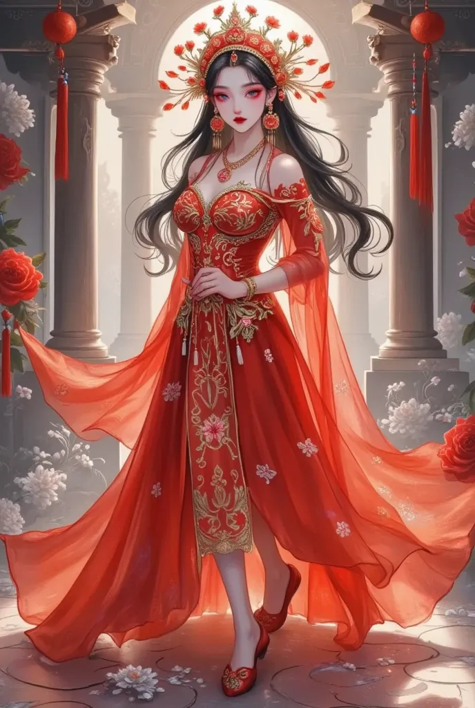 a woman in a red dress， a beautiful fantasy queen, palace ，  girl in hanfu, anime goddess, ancient chinese princess, chinese pri...