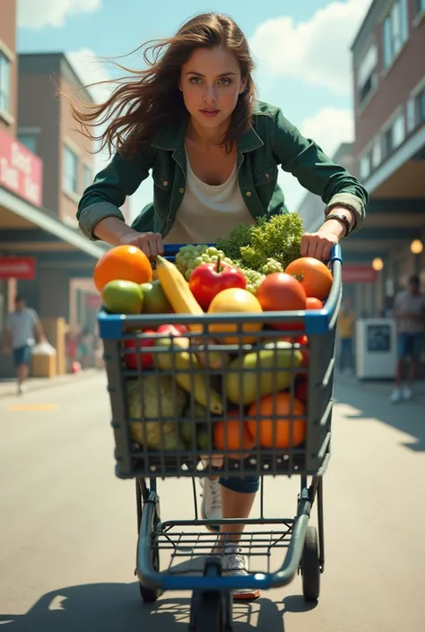 physics picture girl pushes a grocery cart