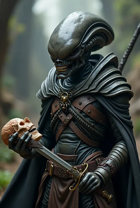 photo réelle dune créature alien masculin comme celle des films "predator". il porte un masque avec des éléments faisant penser à la piraterie et une armure tout en respectant lesprit armure de la franchise. il se tient dans sa main droite un sabre alien e...