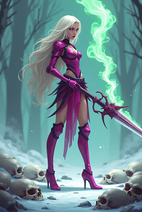 8k image, fantasy pixel art , A slender woman with Russian features , beautiful with long hair, He has magenta armor and heels, She is standing, Looking straight ahead and standing on skulls on the ice floor she carries a unique sword that has dragon detai...