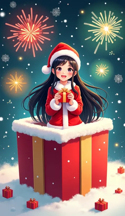 Design a vibrant and festive illustration featuring a large gift box. From the box emerges a cheerful girl with long black hair dressed as Santa Claus, holding Christmas candies in her hands. Surround her with colorful fireworks bursting out of the box, cr...