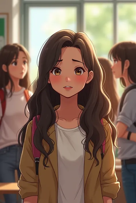 A beautiful female middle school student with long wavy hair is farting at school