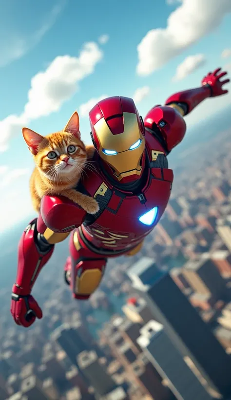 Create a hyper-realistic and dynamic scene of Iron Man flying high through the sky, accompanied by an orange tabby cat clinging to his chest. Iron Man should wear his iconic red-and-gold armor, with glowing blue highlights from the arc reactor, repulsors, ...