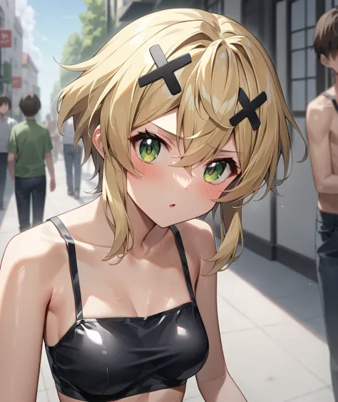 akatsuki_Fever_senkizesshousymphogear，Blonde_hair, short_hair, green_eyes, shiny_hair, hair_ornament, shiny, x_hair_ornament, breasts, medium_breasts, hair_between_eyes，Completely naked，outcrop，blush， crowds，Intrauterine