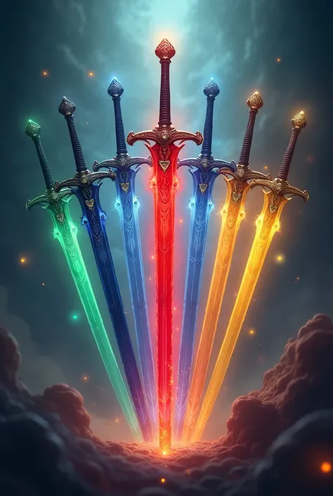  colored swords amount should be seven
Red middle, green, dark blue, loght blue,  yellow, grey, black,