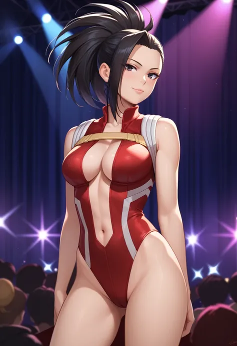 score_9_up, score_8_up, score_7_up,score_6_up, score_5_up, score_4_up, 1girl, yaoyorozumomo, black eyes, black hair, ponytail, long hair, hair pulled back
center opening, cleavage, red leotard, hero outfit, navel, flirting, cowboy shot, stage lights, conce...