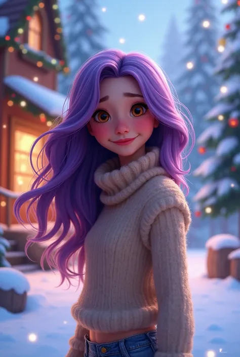 Imagine Disney pixar, Woman with purple hair and brown eyes on the theme of Christmas 