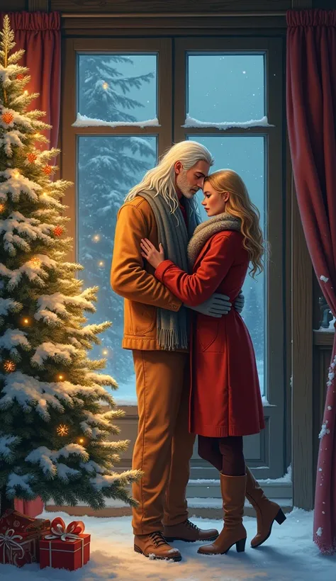  cozy apartment . Tall,  handsome, Statue-like,  The lighting is creating a light and dark effect ,  he has long white hair below his shoulders ,  blue eyes,  tanned skin, he is holding a beautiful fluffy felled Christmas tree in his hands,  is tied with a...