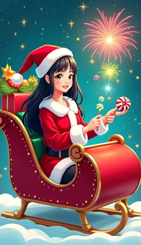 "Create a vibrant and festive scene featuring a Christmas sleigh. In the sleigh, place a cheerful girl with long black hair dressed as Santa Claus. She should be holding Christmas candies in her hands while colorful fireworks burst dramatically from the ba...