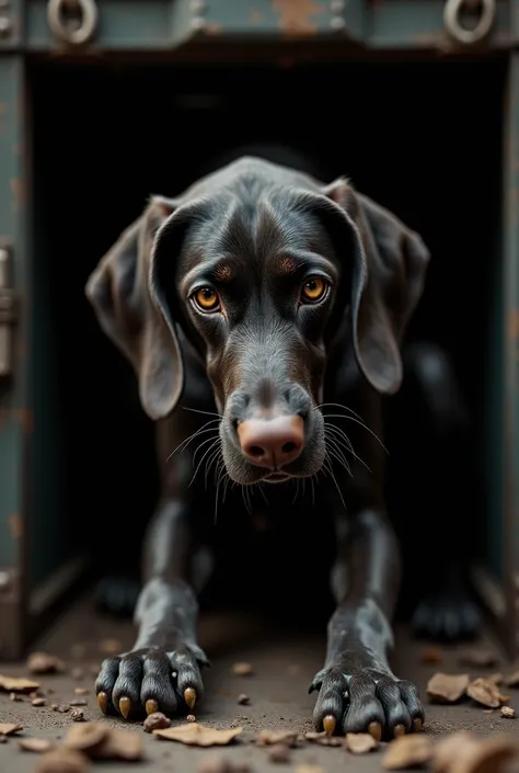 a German Pointer thrown into a trunk with a crouched head