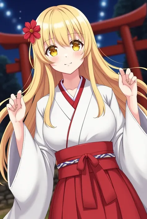 Emma from tokyo revengers, Yellow Eyes, Blonde Hair, Long Hair, traditional Japanese style, kimono the outfit is a white traditional Japanese Shiromuku and red juban under it , Flower On Head, Kanzashi, beautiful, elegant, beautiful night ght background, t...