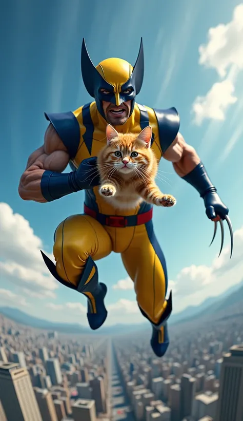 Create a hyper-realistic and dynamic scene of Wolverine leaping through the air with an orange tabby cat clinging to his chest. Wolverine should wear his classic yellow-and-black suit with blue accents, with his adamantium claws extended and glinting in th...