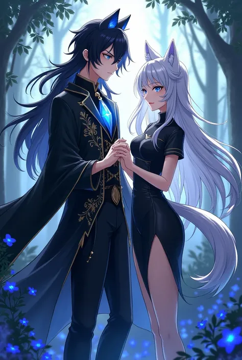 anime scene with two characters, Human male This character is an elegant looking wizard or necromancer with black hair, sharp black eyes, and a serious expression. He wore a black robe and long black trousers decorated with gold and blue, and a blue glowin...