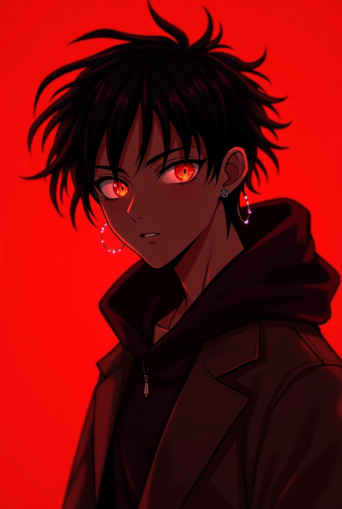 (red theme, red gradient,:1.2) redshift,red, solo, looking at viewer, black hair, red eyes, 1boy, jewelry, jacket, upper body, male focus, earrings, dark skin, hood, glowing, dark-skinned male, hood down, glowing eyes, dreadlocks 