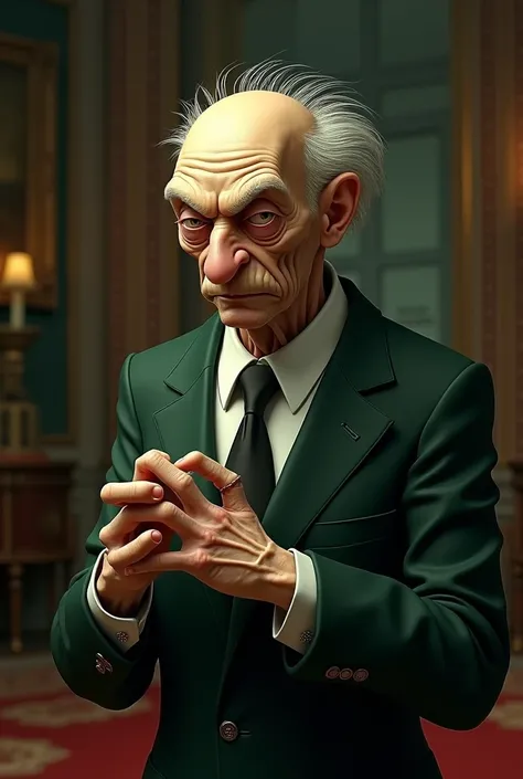 Create a hyper-realistic portrayal of Mr. Montgomery Burns as a real human being. He is a frail, elderly man with an emaciated frame, sharp facial features, and thin, wispy white hair combed over his balding scalp. His skin is pale and slightly translucent...