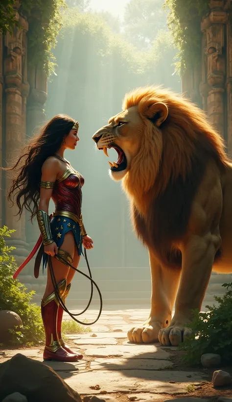 **Characters**: Wonder Woman (superhero) and a powerful lion (animal).
- **Setting**: An ancient temple surrounded by lush jungle, with vines hanging from stone pillars. Sunlight filters through the trees, creating a mystical atmosphere.
- **Composition**:...