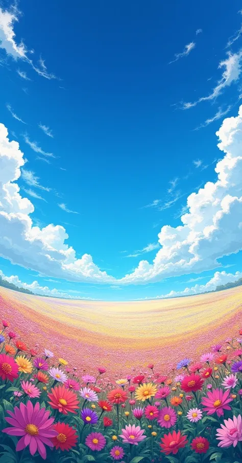 Create a beautiful colorful flower field with a beautiful clear blue sky dark blue in anime style visão de baixo para cima visão plana visão plena 