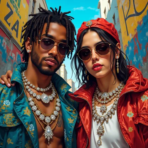 Do an art of music  , With rappers jewels with diamonds,  on two young Brazilians  