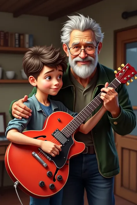 A  with a red guitar in hand. standing with his grandfather. 