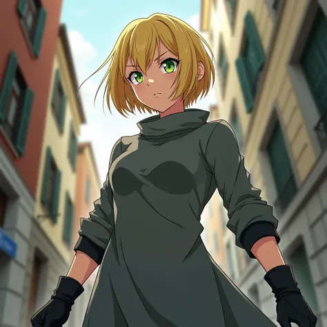  a female character,  anime style ,  with short blond hair , strong muscles,  long gray wool shirt, black gloves,  green eyes,  serious expression , Cuffs showing , walking the streets of Italy 