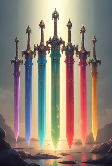  colored swords-  amount should be seven
Red middle, green, dark blue, light blue,  yellow, grey , black,