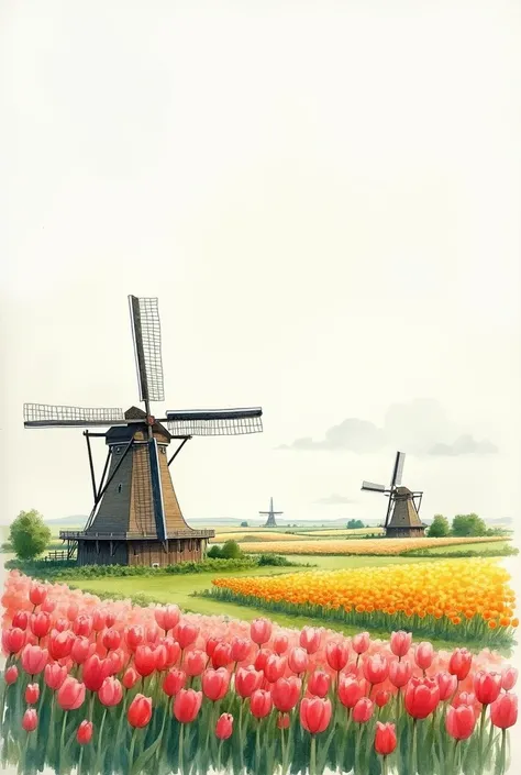 Watercolor sketch of a landscape drawn in pencil in Holland with windmills and tulips